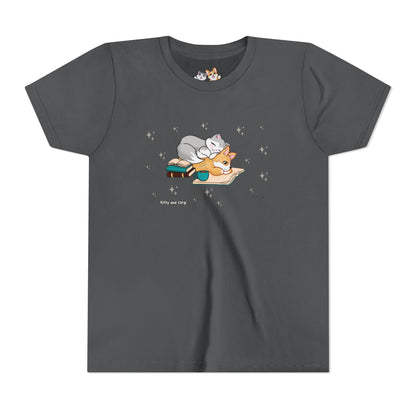 Youth Tee —  Kitty and Corgi Cuddles and Books - Unisex Youth/ Children's Graphic Tee