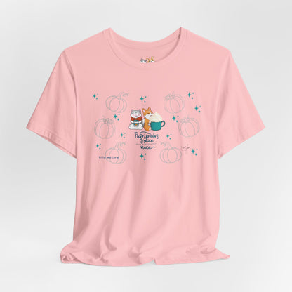 Kitty and Corgi - Pumpkin Spice and Everything Nice - Super Soft Cotton Airlume Unisex T-Shirt (Large Front Graphic)