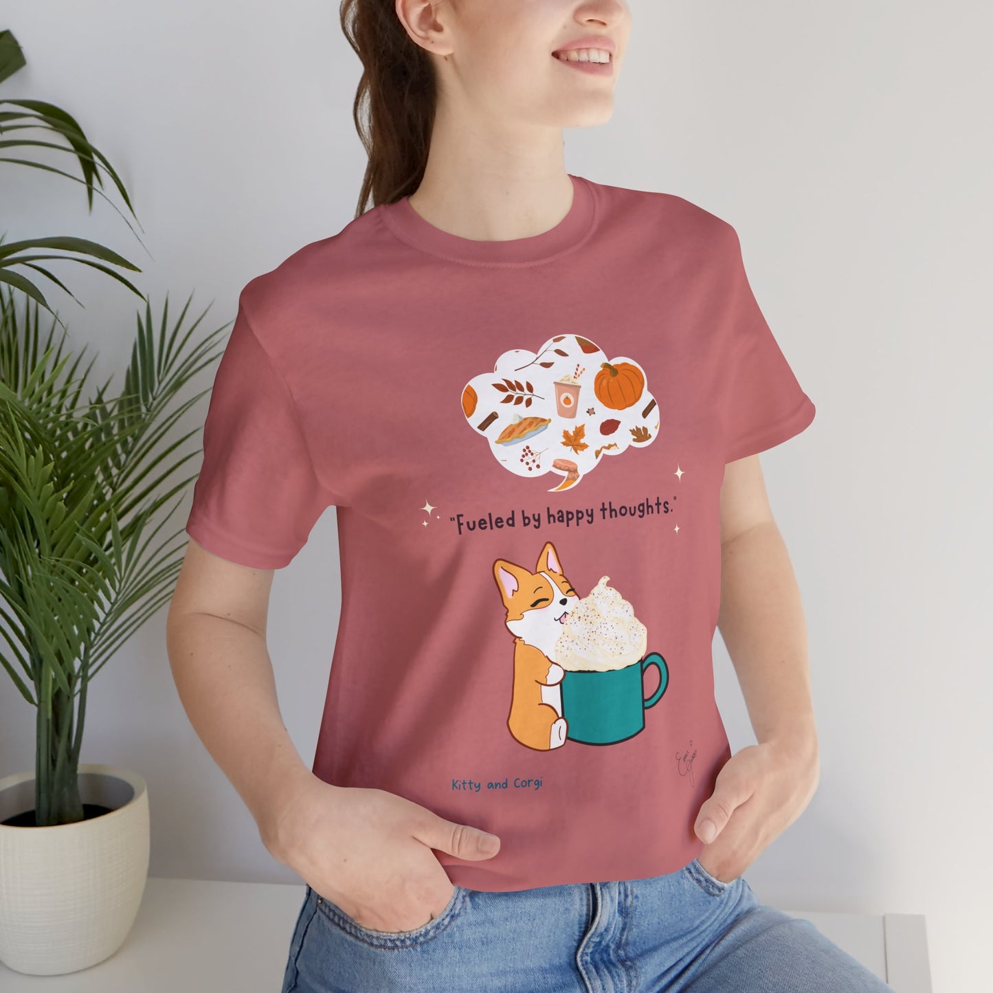 Corgi is Fueled by Happy Thoughts of Fall and Pumpkin Spice - Super Soft Cotton Airlume Unisex T-Shirt (Large Graphic)