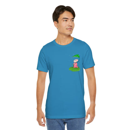 Sakura Mousie with a Leaf Umbrella on a Rainy Day - Super Soft Cotton Airlume Unisex T-Shirt (Small Pocket Graphic)