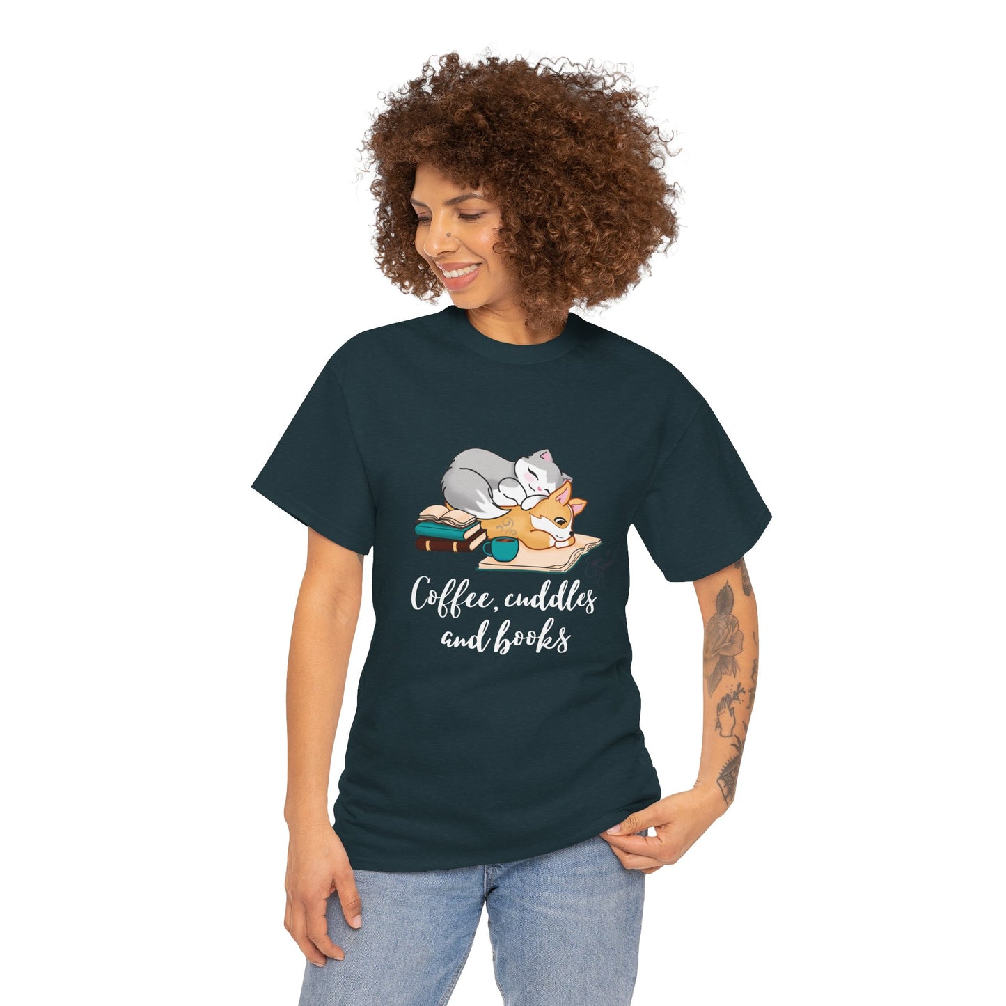 Kitty and Corgi Coffee Cuddles and Books Unisex Heavy Cotton Tee