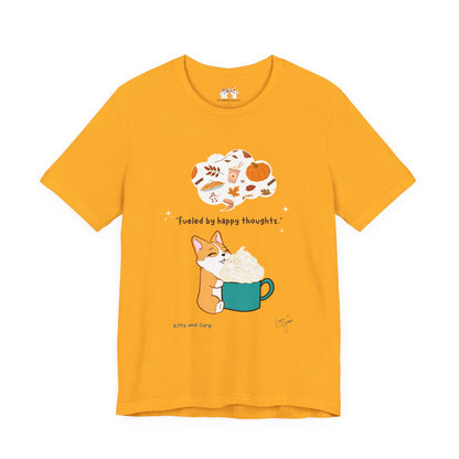 Corgi is Fueled by Happy Thoughts of Fall and Pumpkin Spice - Super Soft Cotton Airlume Unisex T-Shirt (Large Graphic)