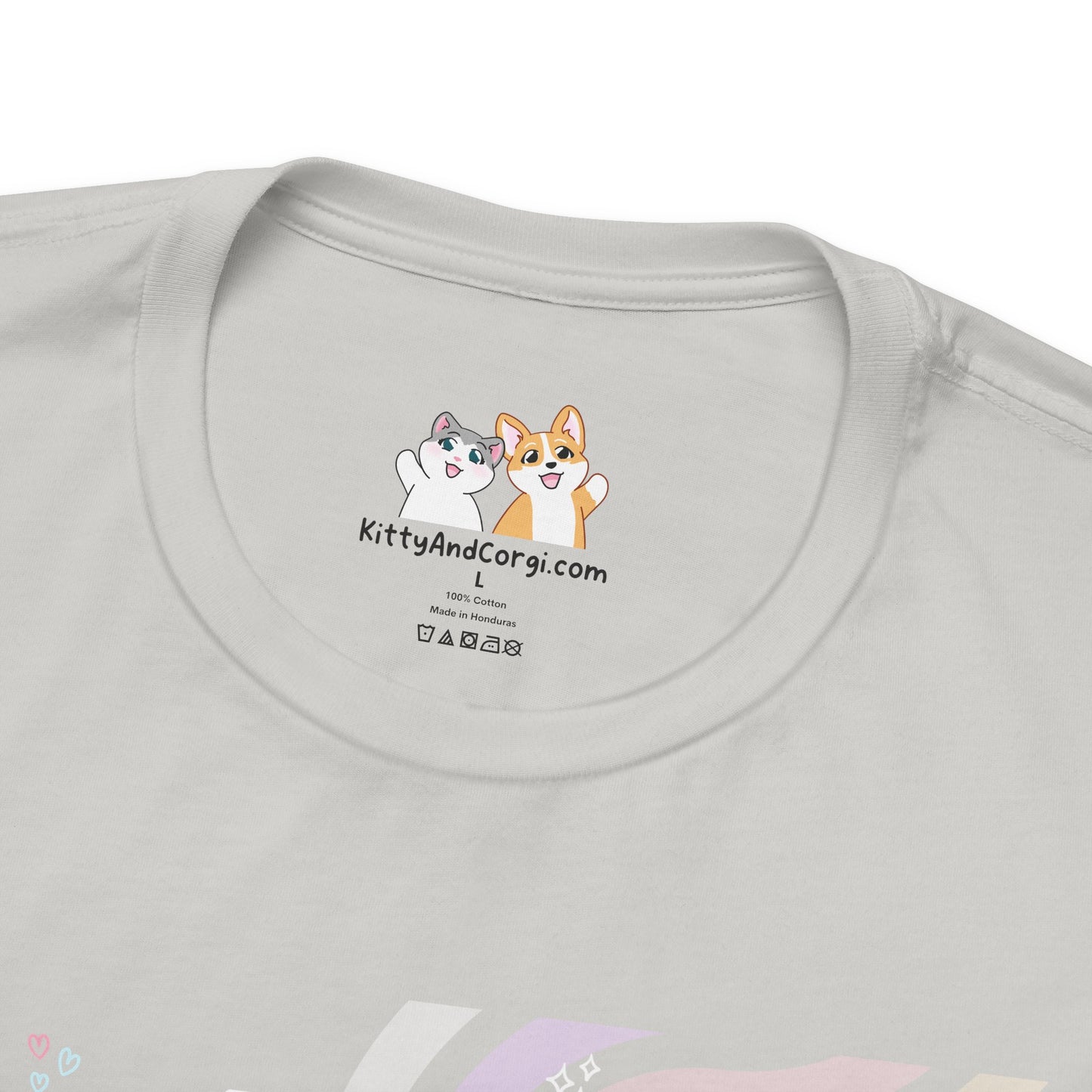 Kitty and Corgi - Groovy Encouragement Compilation - Super Soft Cotton Airlume Unisex T-Shirt (Horizontal Graphic)