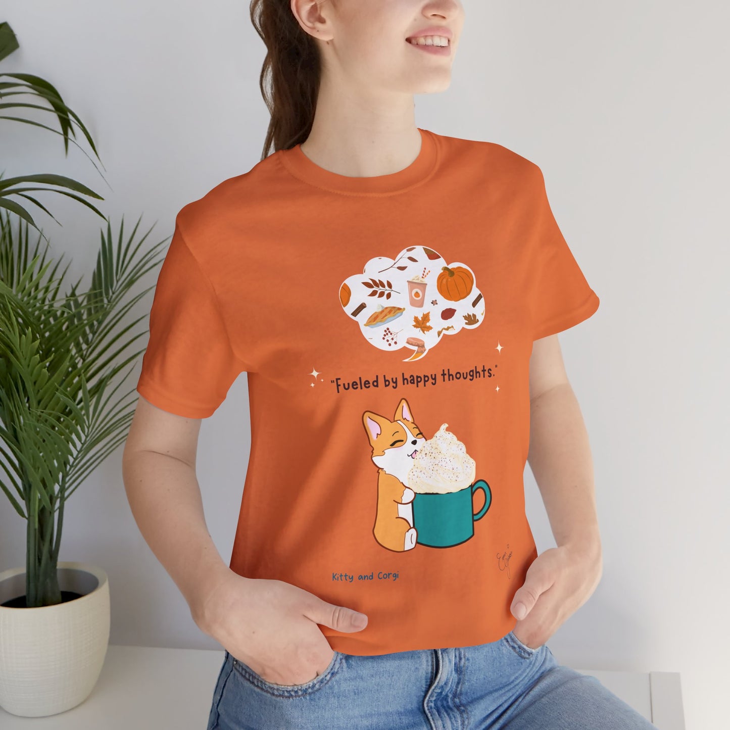 Corgi is Fueled by Happy Thoughts of Fall and Pumpkin Spice - Super Soft Cotton Airlume Unisex T-Shirt (Large Graphic)