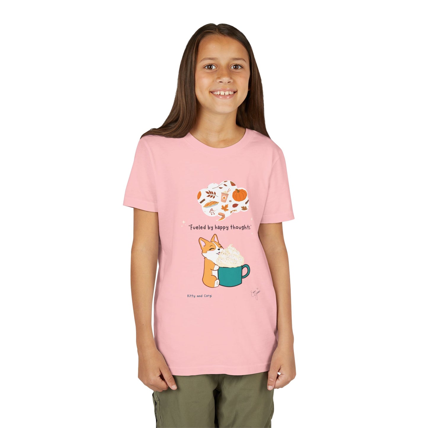 Youth Tee — Corgi loves Autumn - Fueled by Happy Thoughts - Unisex Youth/ Children's Graphic Tee