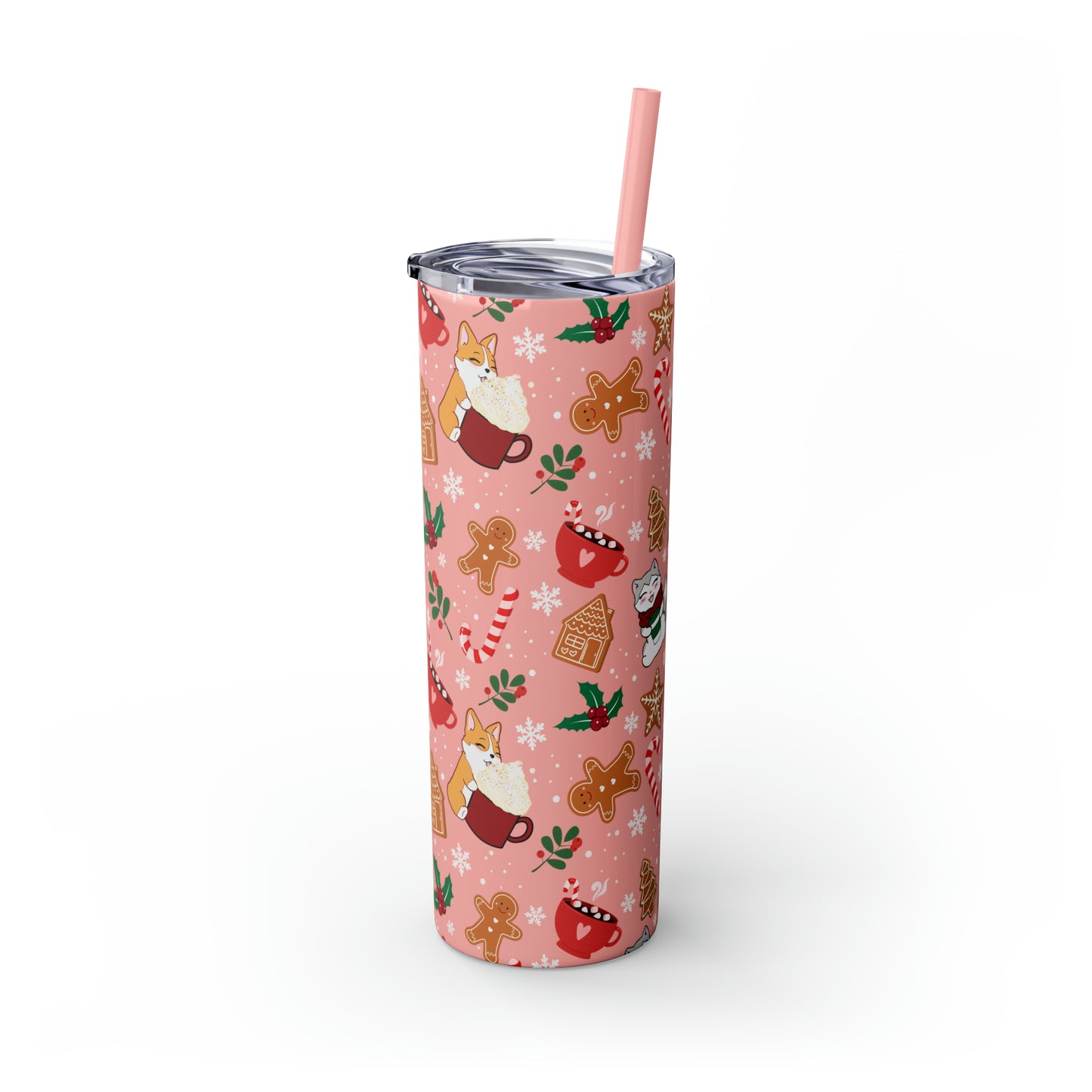 Kitty and Corgi Cocoa and Gingerbread Christmas - Skinny Tumbler with Straw, 20oz