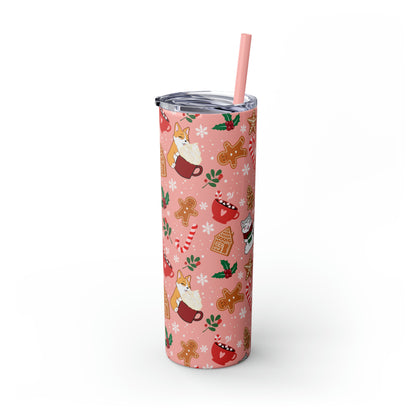 Kitty and Corgi Cocoa and Gingerbread Christmas - Skinny Tumbler with Straw, 20oz