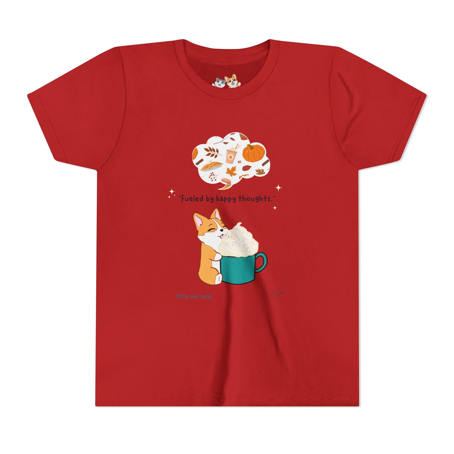 Youth Tee — Corgi loves Autumn - Fueled by Happy Thoughts - Unisex Youth/ Children's Graphic Tee