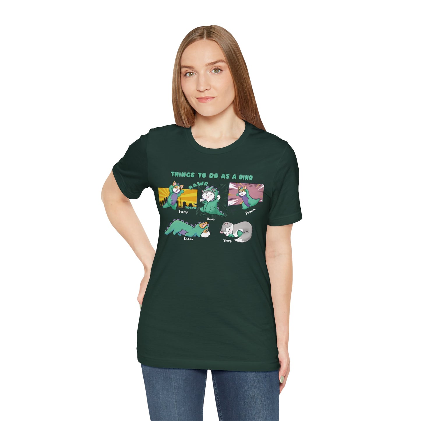 Kitty and Corgi - Things To Do As A Dino - Super Soft Cotton Airlume Unisex T-Shirt (Horizontal Graphic)