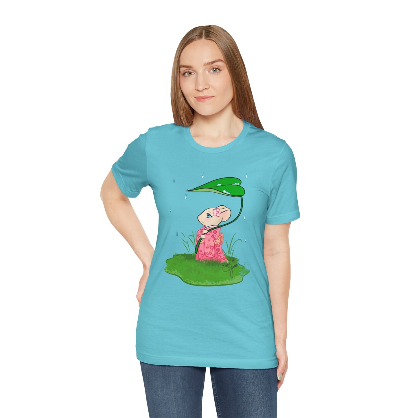 Sakura Mousie with a Leaf Umbrella on a Rainy Day - Super Soft Cotton Airlume Unisex T-Shirt (Large Graphic)