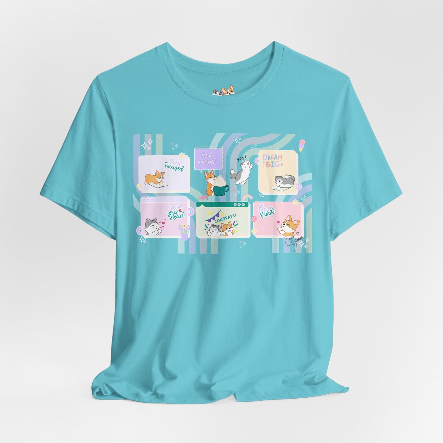 Kitty and Corgi - Groovy Encouragement Compilation - Super Soft Cotton Airlume Unisex T-Shirt (Horizontal Graphic)