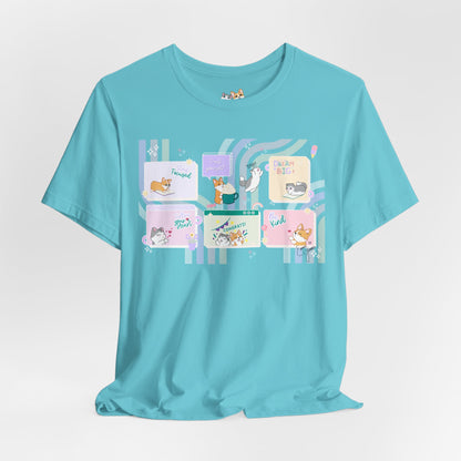 Kitty and Corgi - Groovy Encouragement Compilation - Super Soft Cotton Airlume Unisex T-Shirt (Horizontal Graphic)