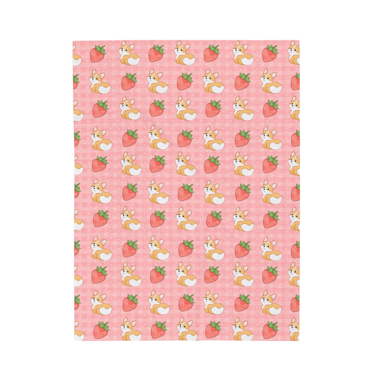 Corgi Butt and Strawberries Pink Gingham and Hearts Velveteen Plush Blanket
