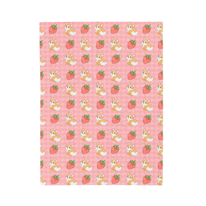 Corgi Butt and Strawberries Pink Gingham and Hearts Velveteen Plush Blanket