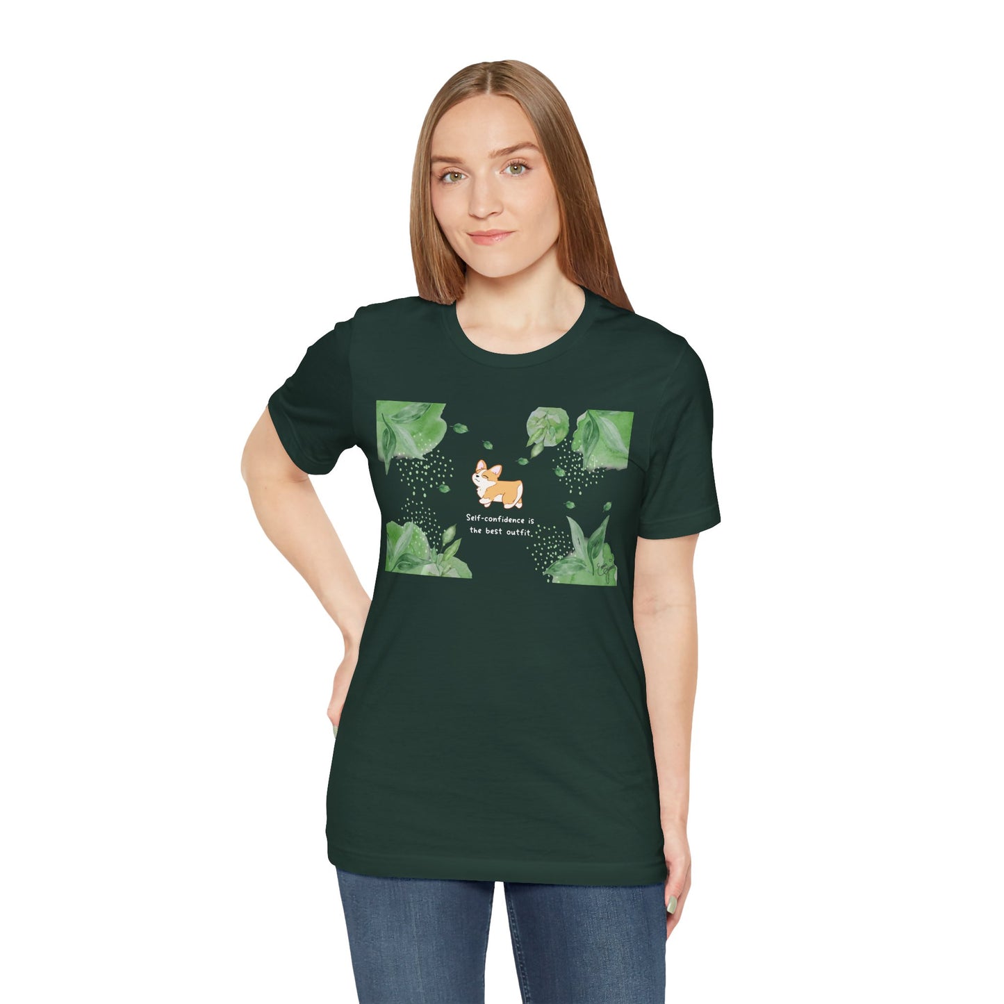 Corgi - Confidence is the Best Outfit - Super Soft Cotton Airlume Unisex T-Shirt (Horizontal Graphic)