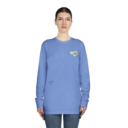 Sleepy Kitty snuggled up with her favorite Dino Plushie - Unisex Graphic Long Sleeve Tee