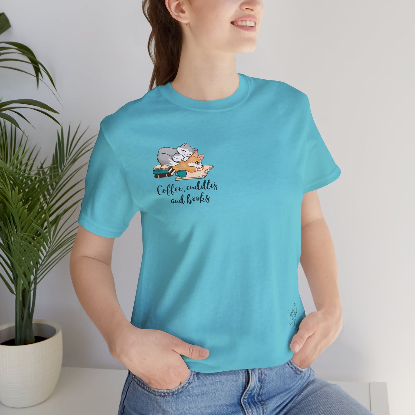 Kitty and Corgi — Coffee, Cuddles, and Books — Super Soft Cotton Airlume Unisex T-Shirt