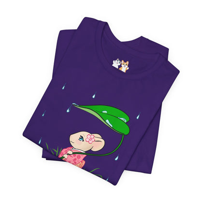 Sakura Mousie with a Leaf Umbrella on a Rainy Day - Super Soft Cotton Airlume Unisex T-Shirt (Large Graphic)