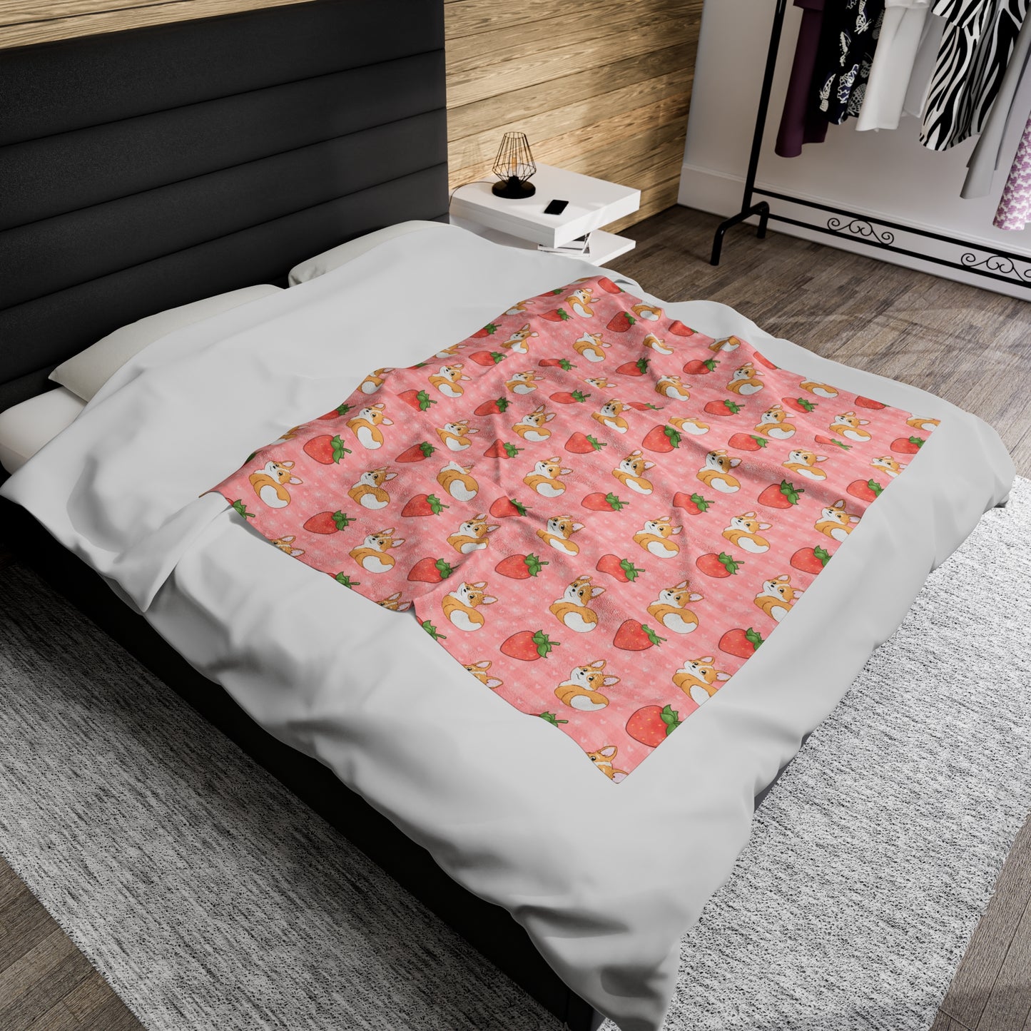 Corgi Butt and Strawberries Pink Gingham and Hearts Velveteen Plush Blanket