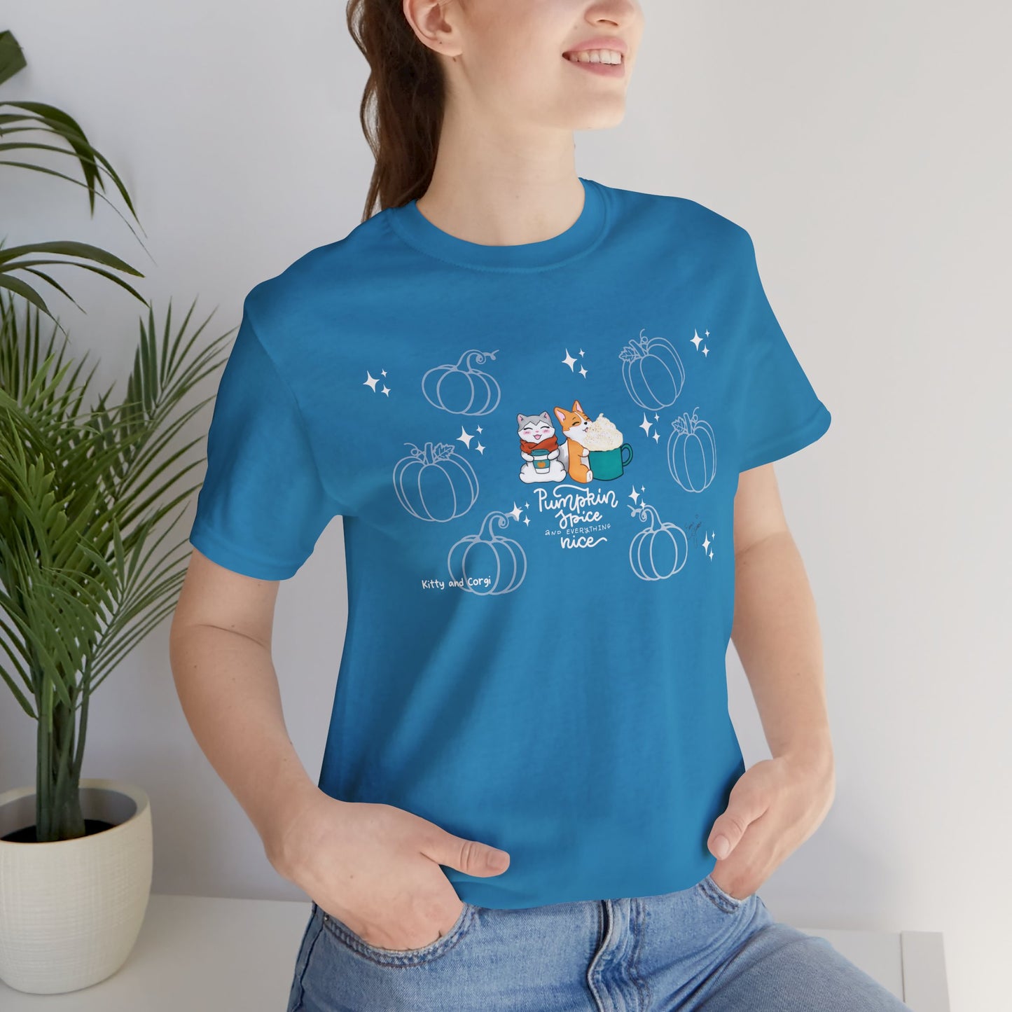 Kitty and Corgi - Pumpkin Spice and Everything Nice - Super Soft Cotton Airlume Unisex T-Shirt (Large Front Graphic)