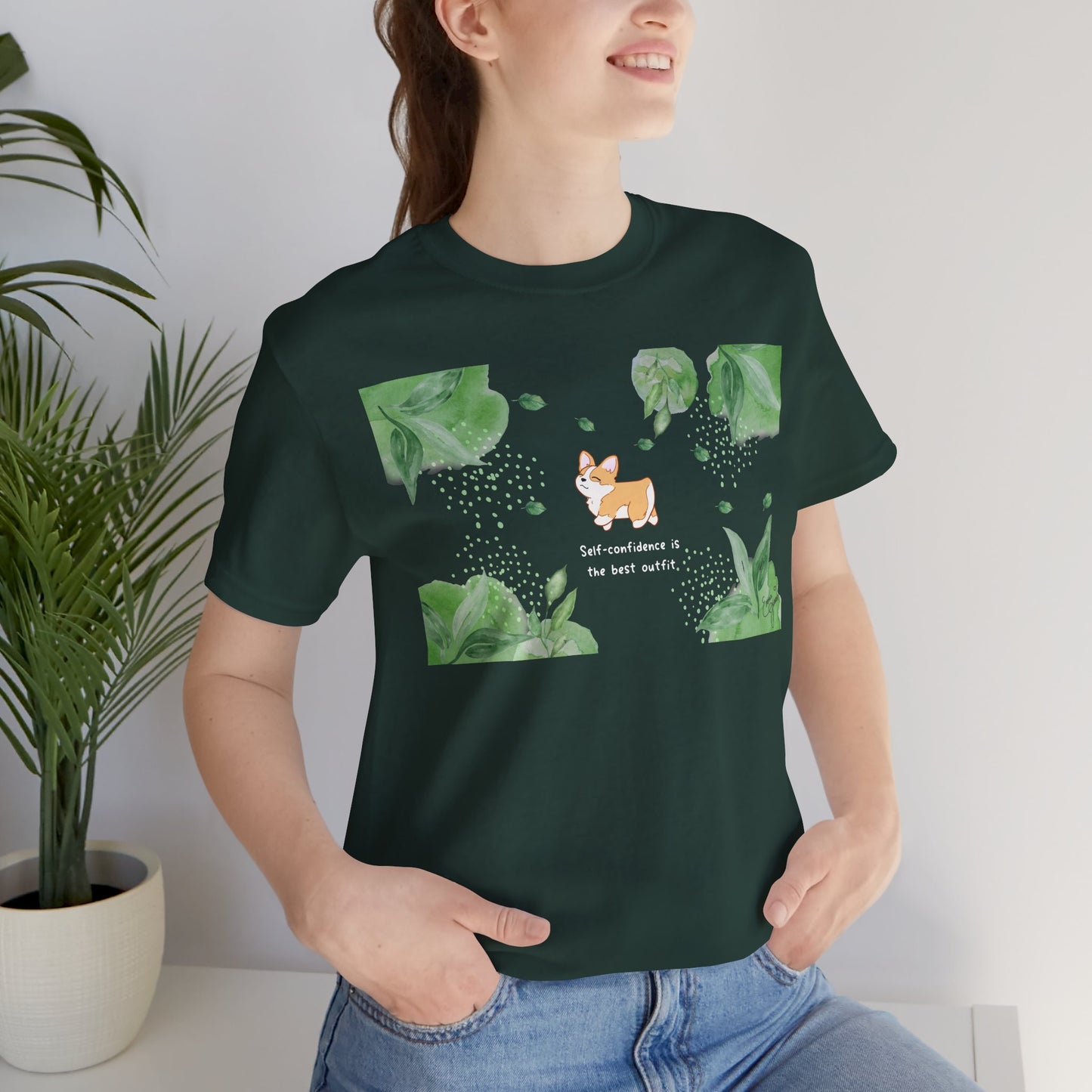 Corgi - Confidence is the Best Outfit - Super Soft Cotton Airlume Unisex T-Shirt (Horizontal Graphic)