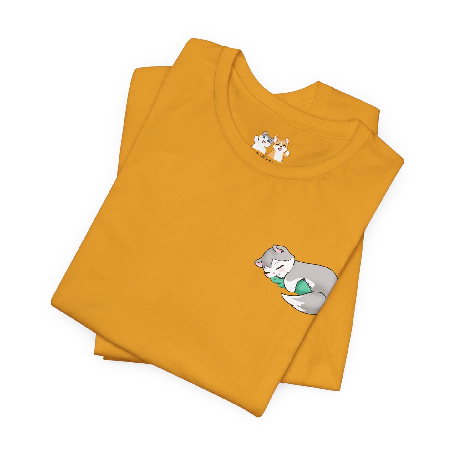 Kitty and Corgi — Sleepy Kitty Snuggling Her Dino Plushie — Super Soft Cotton Airlume Unisex T-Shirt