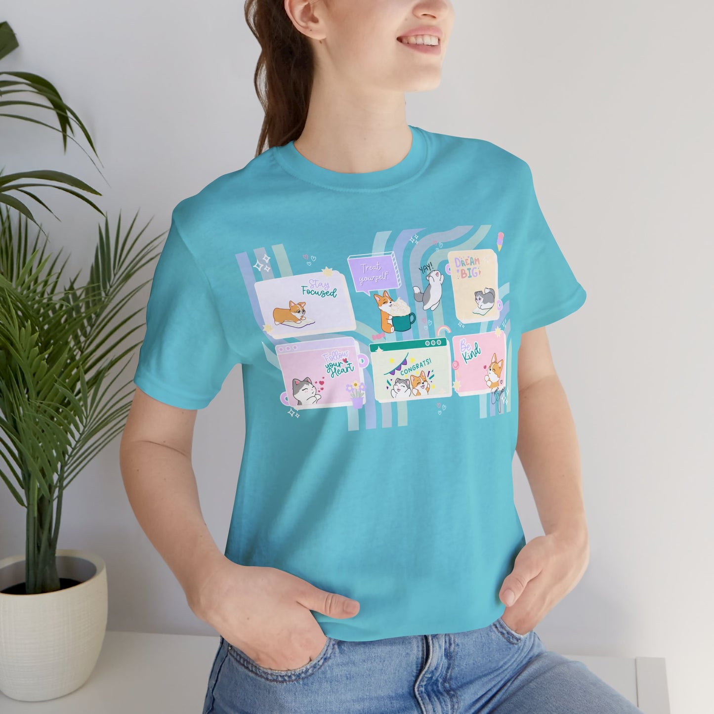 Kitty and Corgi - Groovy Encouragement Compilation - Super Soft Cotton Airlume Unisex T-Shirt (Horizontal Graphic)