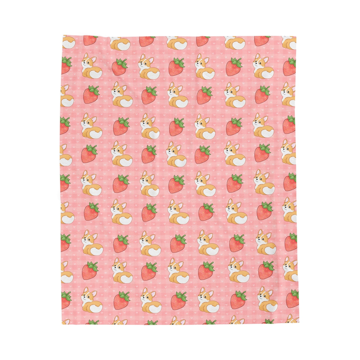 Corgi Butt and Strawberries Pink Gingham and Hearts Velveteen Plush Blanket