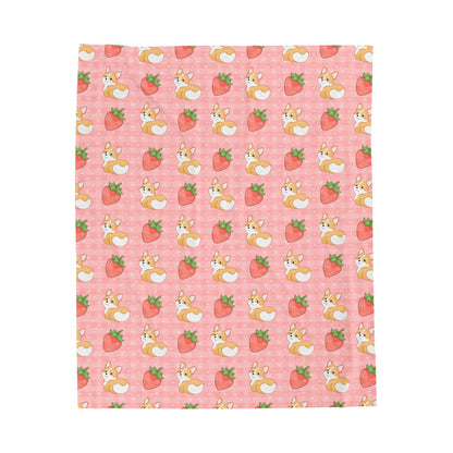 Corgi Butt and Strawberries Pink Gingham and Hearts Velveteen Plush Blanket