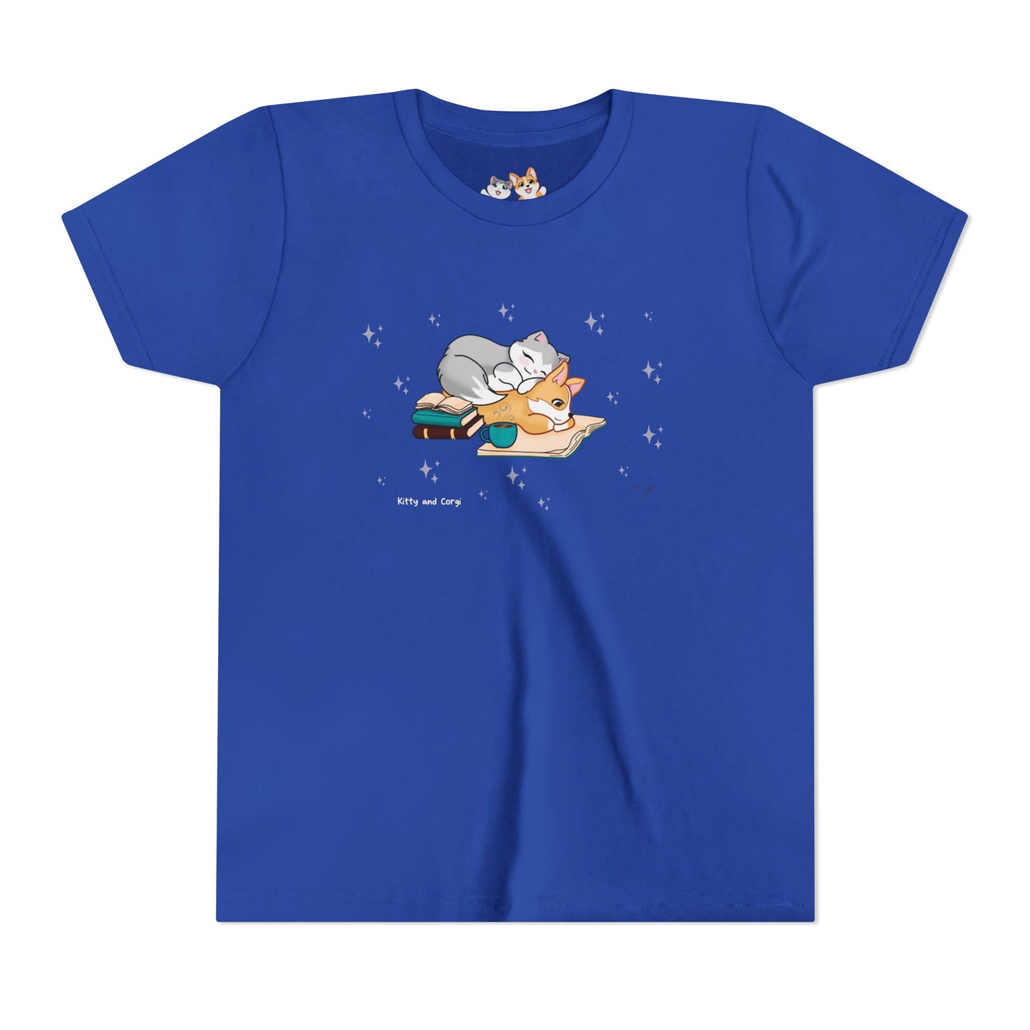 Youth Tee —  Kitty and Corgi Cuddles and Books - Unisex Youth/ Children's Graphic Tee