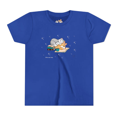 Youth Tee —  Kitty and Corgi Cuddles and Books - Unisex Youth/ Children's Graphic Tee