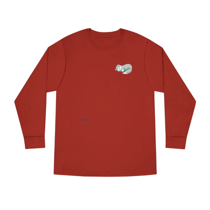 Sleepy Kitty snuggled up with her favorite Dino Plushie - Unisex Graphic Long Sleeve Tee