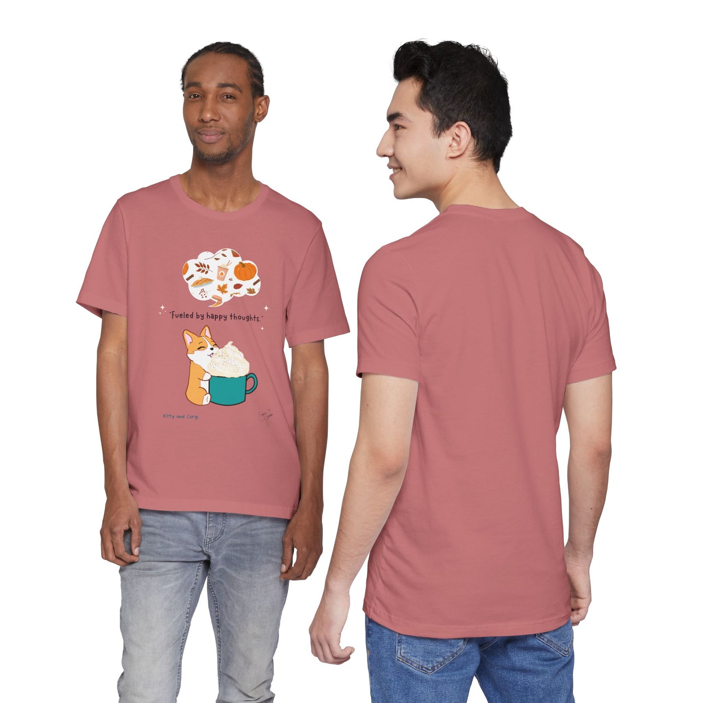 Corgi is Fueled by Happy Thoughts of Fall and Pumpkin Spice - Super Soft Cotton Airlume Unisex T-Shirt (Large Graphic)