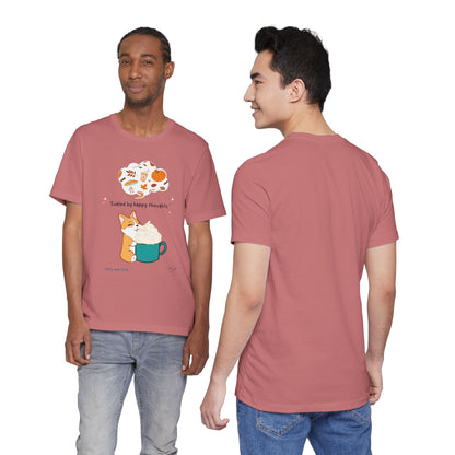Corgi is Fueled by Happy Thoughts of Fall and Pumpkin Spice - Super Soft Cotton Airlume Unisex T-Shirt (Large Graphic)