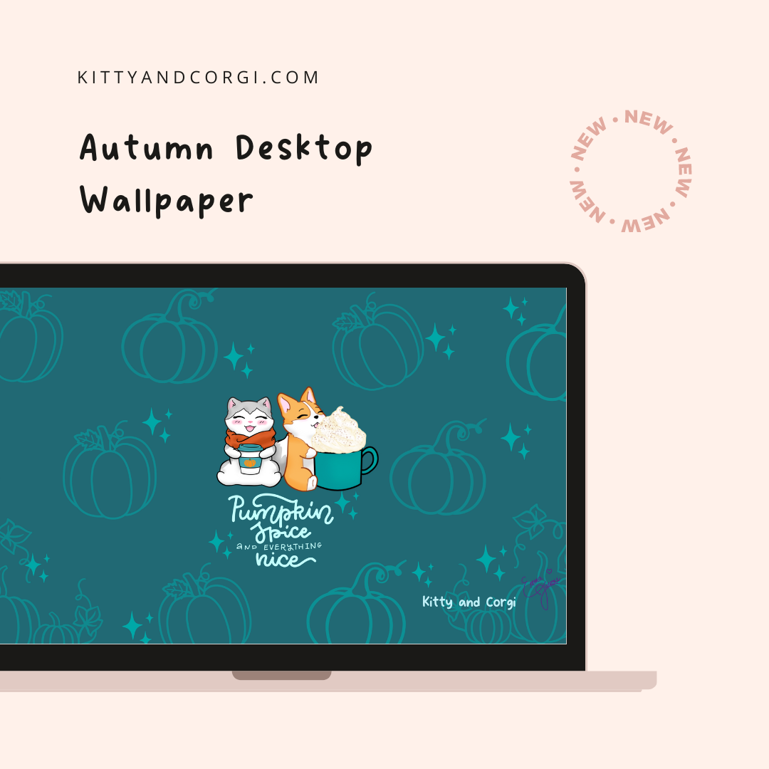 Teal Kitty and Corgi Cozy Fall Vibes 4k Wallpaper Bundle