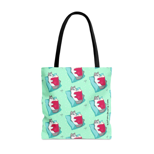 Kitty Reading a Book - Repeating Pattern - Tote Bag (AOP)