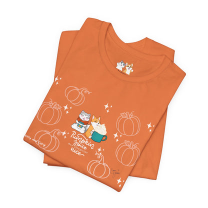 Kitty and Corgi - Pumpkin Spice and Everything Nice - Super Soft Cotton Airlume Unisex T-Shirt (Large Front Graphic)