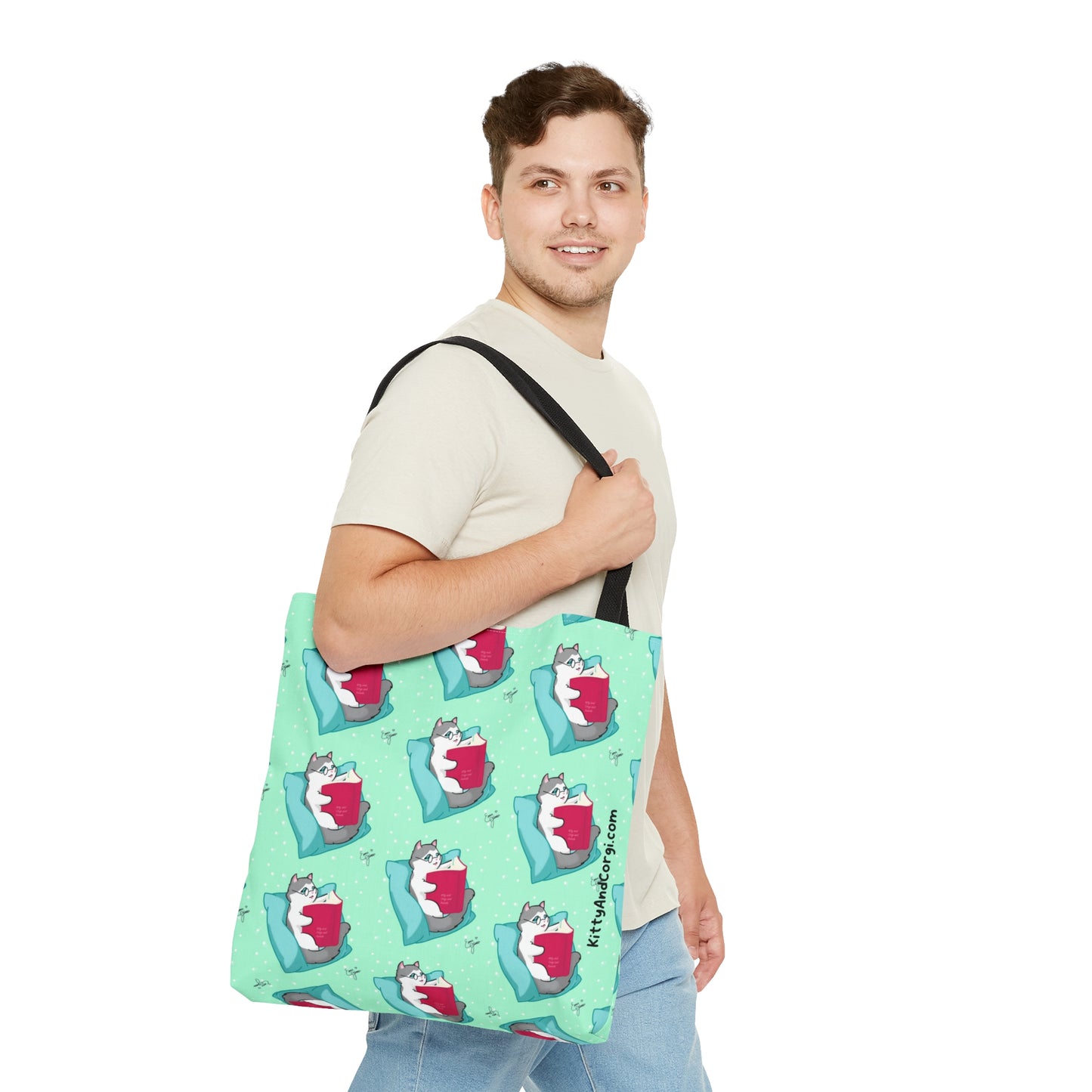 Kitty Reading a Book - Repeating Pattern - Tote Bag (AOP)