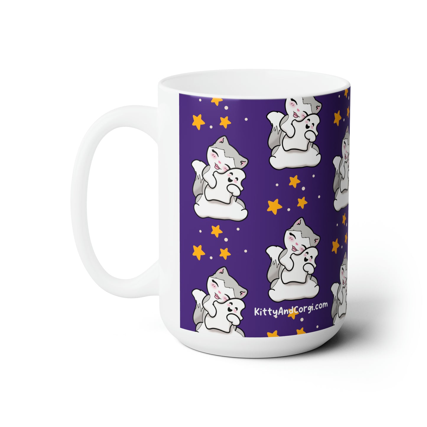 Kitty loves her Ghostie Pillow - Purple Patterned Mug - 15oz