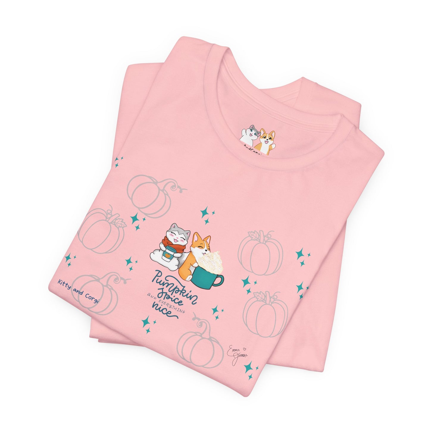 Kitty and Corgi - Pumpkin Spice and Everything Nice - Super Soft Cotton Airlume Unisex T-Shirt (Large Front Graphic)