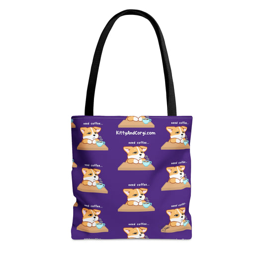 Corgi Needs Coffee - Repeating Pattern in Dark Purple - Tote Bag