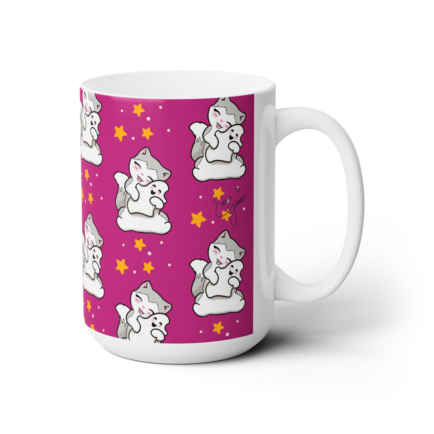 Kitty loves her Ghostie Pillow - Patterned Pink Halloween Mug - 15oz