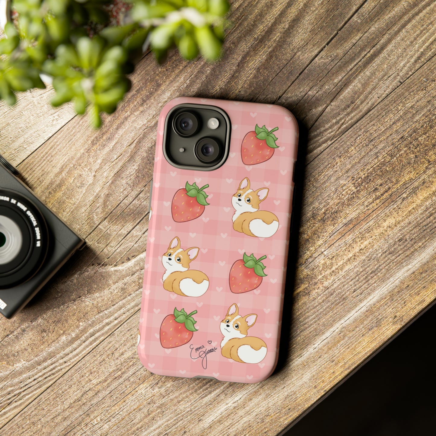 Corgi Butt and Strawberries Cute Pink Gingham Hearts Tough Case