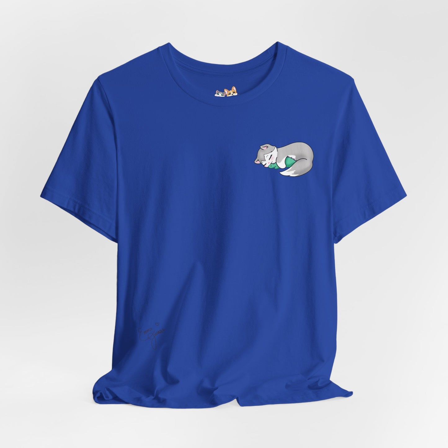 Kitty and Corgi — Sleepy Kitty Snuggling Her Dino Plushie — Super Soft Cotton Airlume Unisex T-Shirt