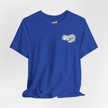 Kitty and Corgi — Sleepy Kitty Snuggling Her Dino Plushie — Super Soft Cotton Airlume Unisex T-Shirt