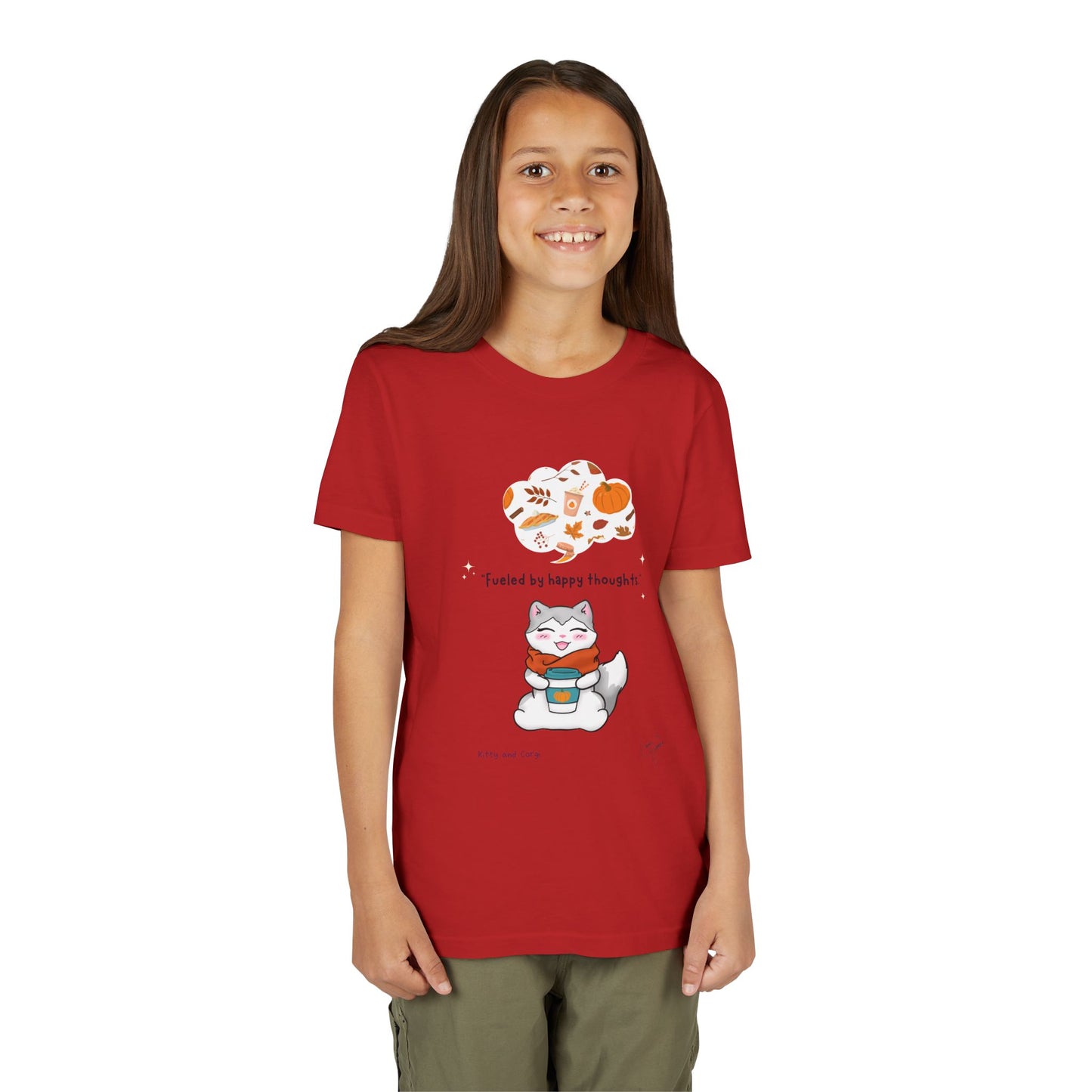 Youth Tee — Kitty loves Autumn - Fueled by Happy Thoughts - Unisex Youth/ Children's Graphic Tee