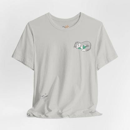 Kitty and Corgi — Sleepy Kitty Snuggling Her Dino Plushie — Super Soft Cotton Airlume Unisex T-Shirt