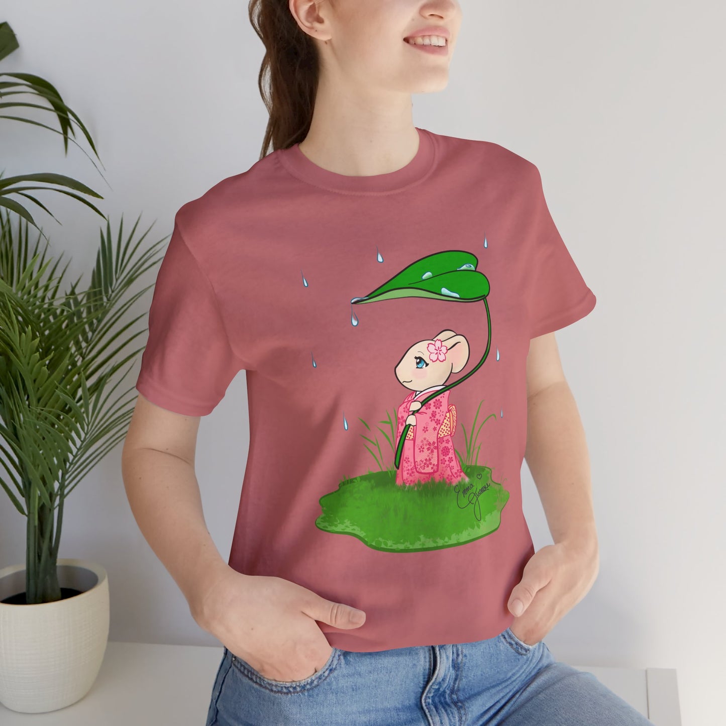 Sakura Mousie with a Leaf Umbrella on a Rainy Day - Super Soft Cotton Airlume Unisex T-Shirt (Large Graphic)