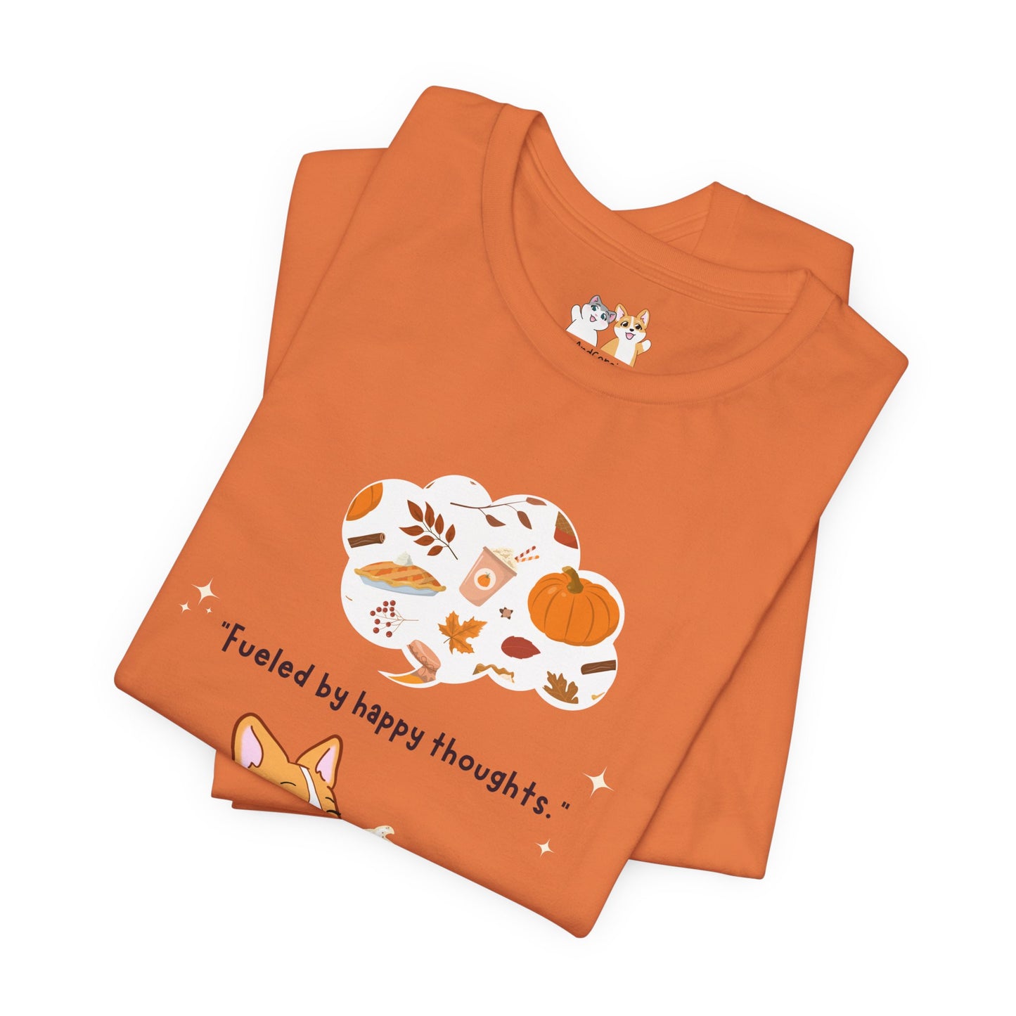 Corgi is Fueled by Happy Thoughts of Fall and Pumpkin Spice - Super Soft Cotton Airlume Unisex T-Shirt (Large Graphic)