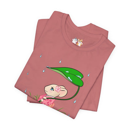 Sakura Mousie with a Leaf Umbrella on a Rainy Day - Super Soft Cotton Airlume Unisex T-Shirt (Large Graphic)